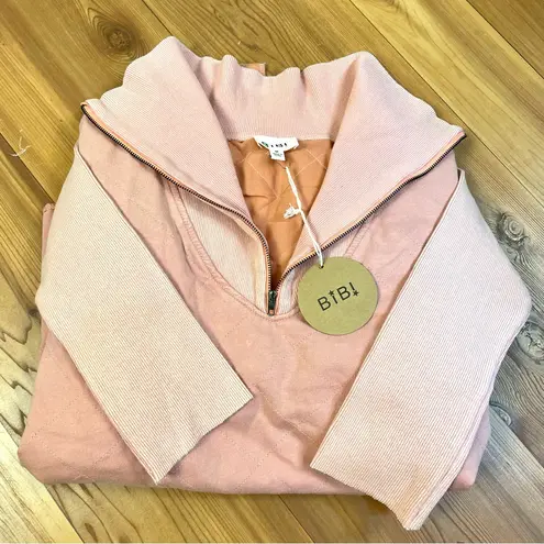 BiBi Oversized Quilted High Low Quarter Zip Long Sleeve Sweatshirt Medium Salmon Pink