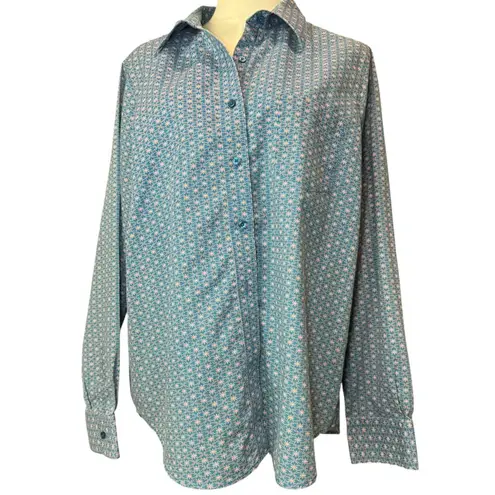 BFA Classic Blue Button Down Shirt L Geometric Floral Print Long Sleeve Blouse Size L