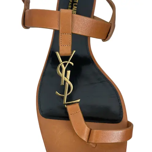 Saint Laurent Cassandra YSL Logo T Strap Toe Ring Sandal Brown Size 41