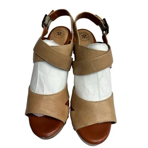 Johnston & Murphy Tan Wooden Heel Leather Platform Sandals size 10