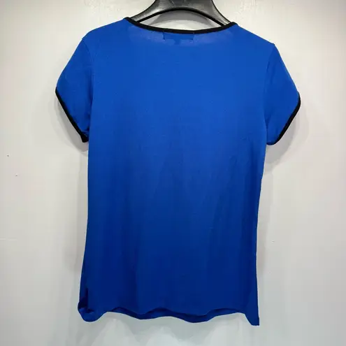 Adrienne Vittadini Blue Blouse Black Trim Short Sleeves Silver Logo Detail