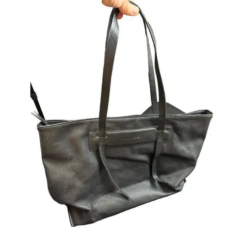 Tahari Black Leather Tote Bag With Dual Handles & Front Pocket