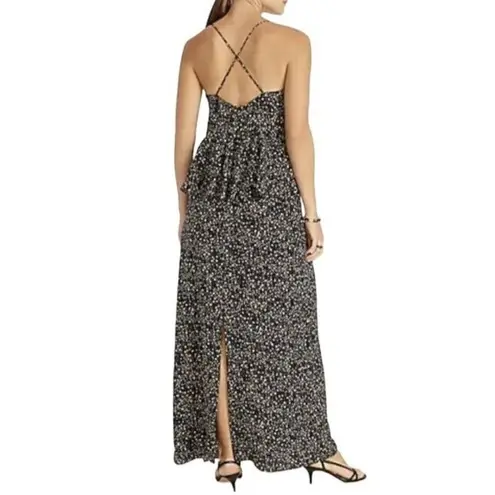 J.Crew  Maxi Slip Dress Womens 4 Black Silk Starry Sky Ruffle Back Slit Elegant