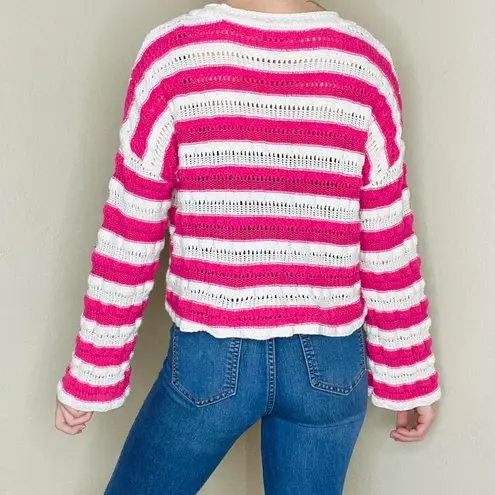 89th and Madison Pink & White Striped Cropped Flare Sleeve Crochet Sweater