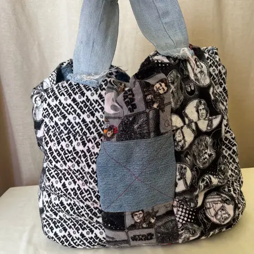 Handmade Patchwork Tote Bag Denim Red Reversible Graphic Fabric Shopper Blue - Image 3