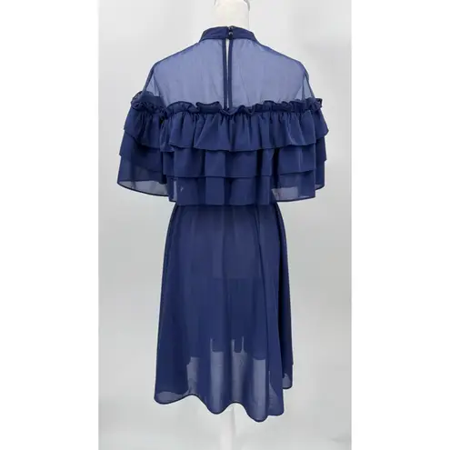 Vintage 80s Midi Party Dress Navy Blue Off Shoulder Layered Ruffles Sheer Yoke Size M