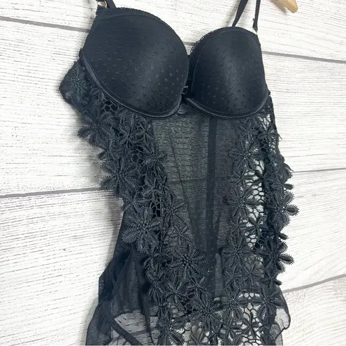 Sheer Black Lace Bustier Lingerie with Floral Appliqué and Garter Straps Size XL