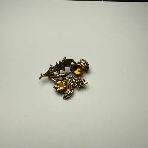 Miracle Orange Rhinestone Scottish Thistle Brooch Pin Gold Tone Signed