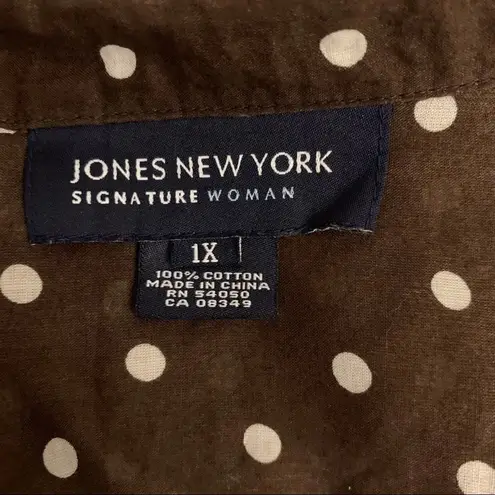 Jones New York  brown white polka dot long sleeve button down shirt blouse 1X