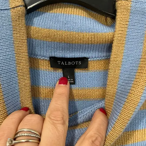 Talbots  Metallic Stripe Turtleneck Sweater L Blue Tan Knit Winter Classic Preppy