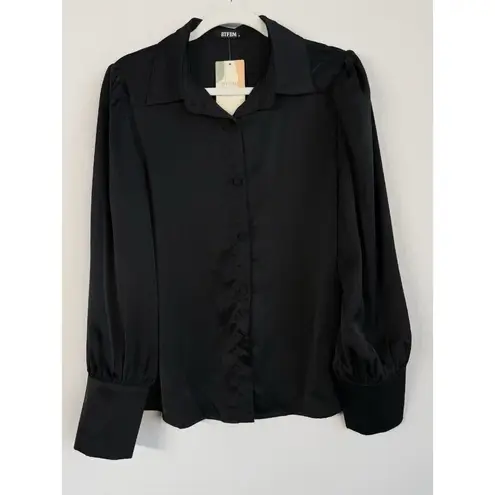 BTFBM Women’s M Black Satin Button Down Shirt Lantern Long Sleeve Office Casual Size M
