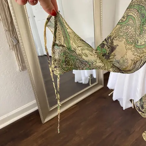 Karen Kane Early 2000's Fairy Grunge Whimsical Silk Green Brown Paisley Flowy Blouse Top L