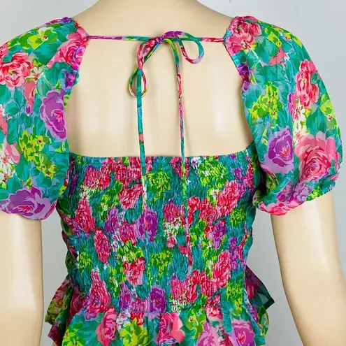 ASTR The Label Green Pink Floral Puff Sleeve Women's Size Small S Top Blouse