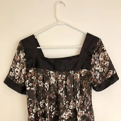 Apostrophe Brown Tan Coral Pink Floral Satin Square Neck Short Sleeve Blouse S
