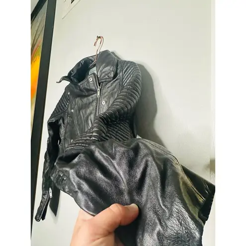 SAMANTHA SIPOS Black Ribbed 100% Leather Biker Cropped Jacket Size Extra Small