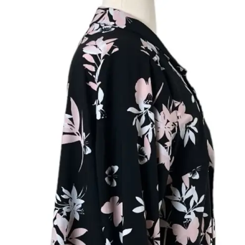 Roz & Ali Long Jacket Open Front Tie Sleeves Black Pink Floral Women’s Plus 3X