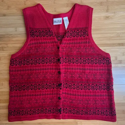 RUSS Women's Fair Isle Red Button front Sleeveless Grandma Sweater Vest |Sz:XL