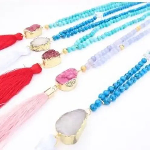 Sacred Druzy Blue & White tassel necklace Red