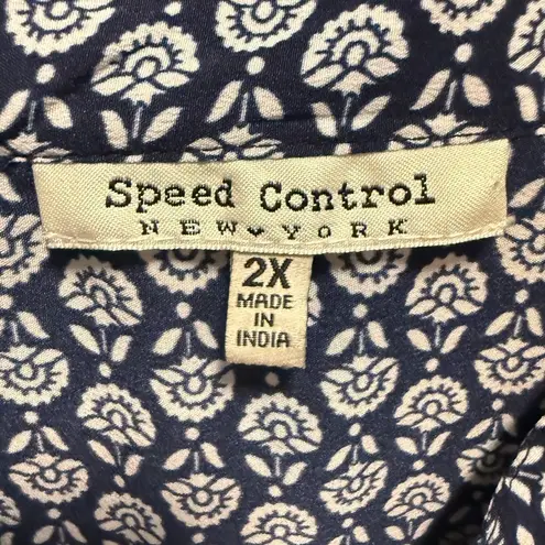 Speed Control Short Sleeve Button Front Floral Dress Pockets Blue White Size 2X