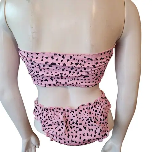 Romwe  Pink & Black Leopard Print Ruffle Strapless Bikini Swimsuit (S)