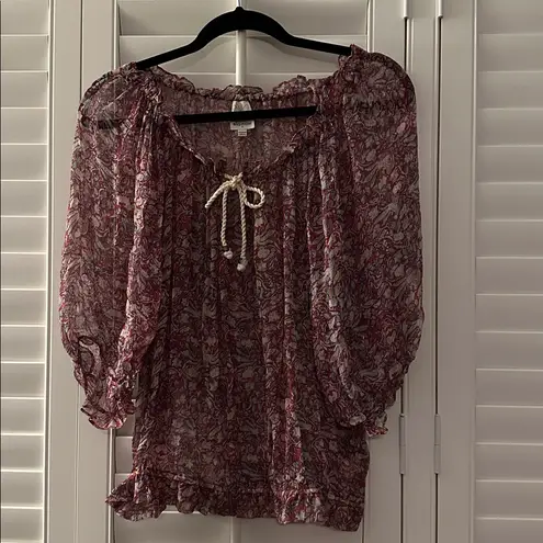 Ella Moss Red Floral Silk Rope Tie Blouse M