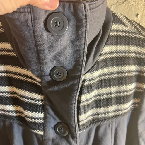 prAna Grey Coat with Striped Collar, stripe details at collar and cuffs, longer