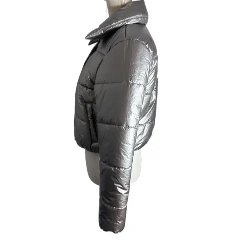 Bar III  Puffer Silver Metallic Cropped Snap Zip Up Jacket