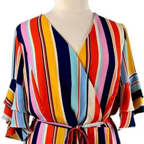 City Chic Wrap Dress Ruffle Sleeve Belted Pink Multi Stripe Women’s Plus Size 24