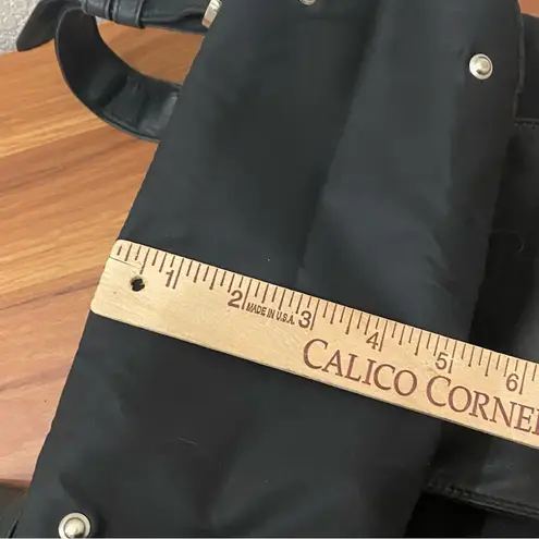 Perlina Vintage  Black Nylon & Leather Buckle Accent Drawstring Backpack