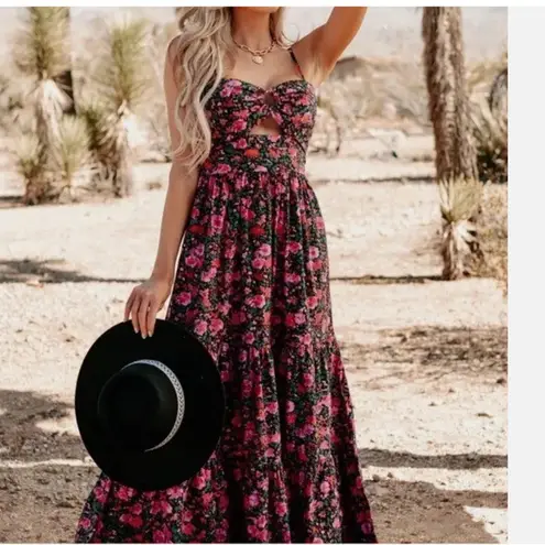 NWOT Fore Floral Tiered Boho Maxi Dress Cut Out Large Cotton Cotagecore Purple