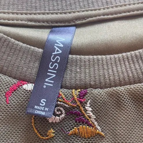 Massini Olive Green Mesh Women's Top Multicolor Floral Embroidery Layered Size S