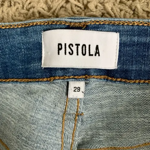 Pistola size 29 tapered leg light wash denim raw hem blue jeans