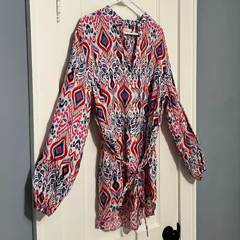 Boden rosie 100% linen tunic top button front multicolor ikat size 10R preppy Red