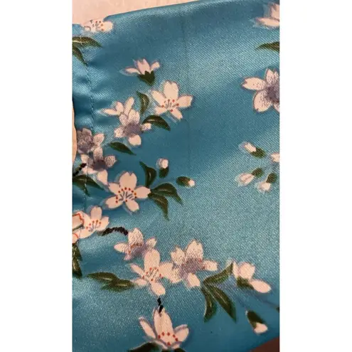 Jade Blue Floral Geisha Girl Kimono Robe Pockets Hong Kong Asian Vintage Size L