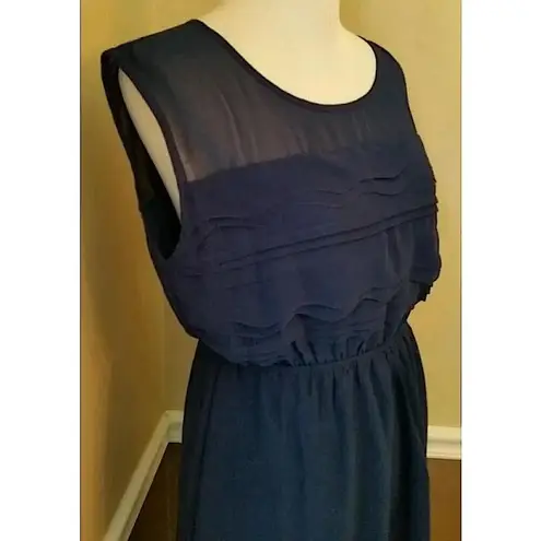 YA Los Angeles Navy Blue Chiffon Dress Scalloped Mesh Top Modcloth Large NEW