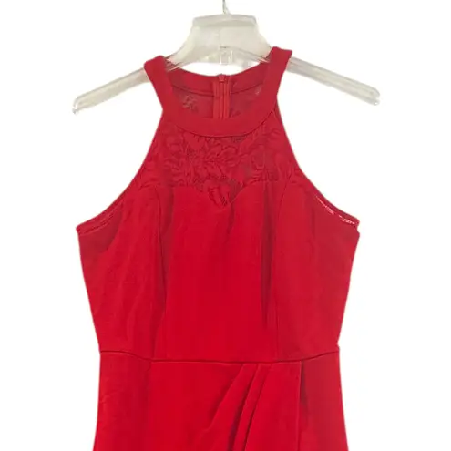 Red Lace Halter Midi Dress BBonfinedress Ruched Tulip Hem Cocktail Womens M NWOT Size M
