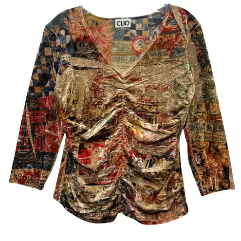 Vintage CLIO Women's Velvet Ruched Top Long Sleeve V Neck Graphic Retro Y2K M Tan Size M