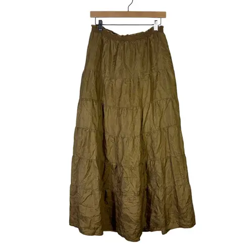 Garnet Hill 100% Silk Peasant Maxi Skirt Womens M Brown Tiered Boho Cottagecore