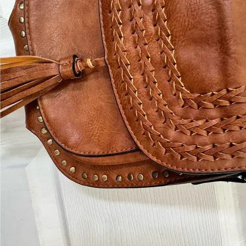 Antik Kraft Brown Boho Tassel Crossbody Bag with Stud Trim