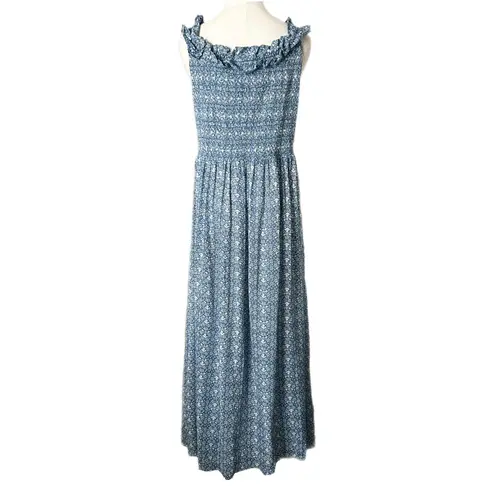 Gal Meets Glam Blue Floral Smocked Ruffle Maxi Dress Size 16