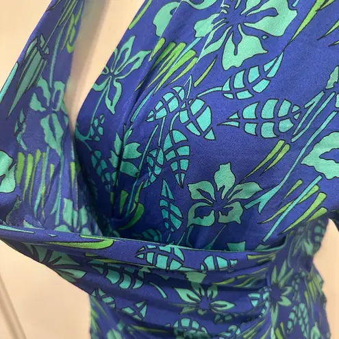 VTG 70s Bessi Firenze Blue Green Floral Silk Faux Wrap Surplice Dress Mod Small Size XS