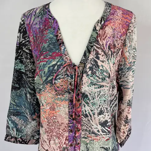 LA Made New Botanical Print Lace Up 3/4 Sleeve Tunic Mini Dress