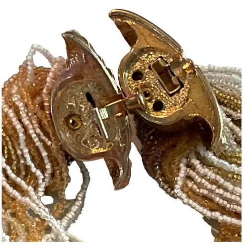 Clam Shell Vintage Multi Strand Seed Bead Necklace Gold & White