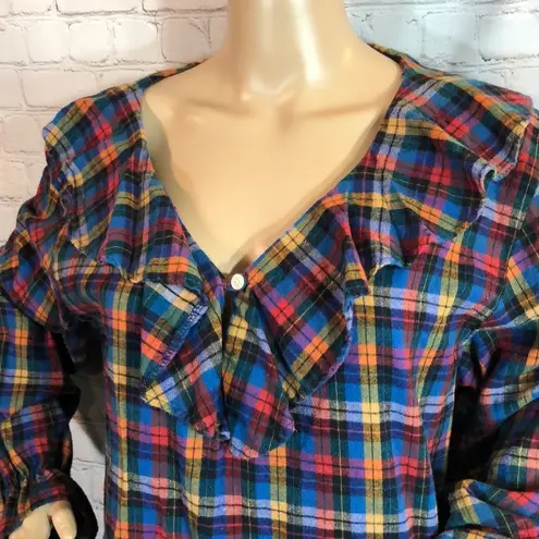 Vintage Trends Ruffled Collar Plaid Flannel Top L Size L