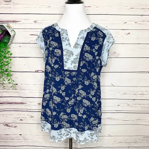 DR2 Daniel Rainn Blue Two Tone Boho Floral Blouse Top Size Small