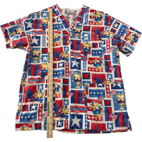 Peaches Uniform Womens Large Cat Patriotic Print Scrub Top Nurse Healthcare Red