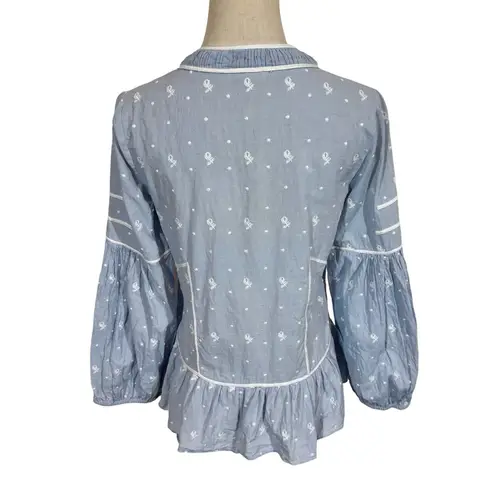 Ulla Johnson Etienne Blouse Chambray Floral Embroidered Swiss Dot