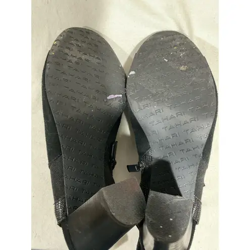 Tahari Womans Mercy Black Suede Peep Toe Chunky Heel Shoe Bootie 9 M Side Zip