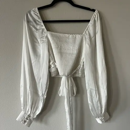 Urban Outfitters  White Long Sleeve Tie Front Crop Blouse