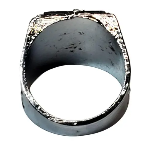 Silver Tone Ring Sz 8 Unsigned Black Square Cabochon Chunky Eagle